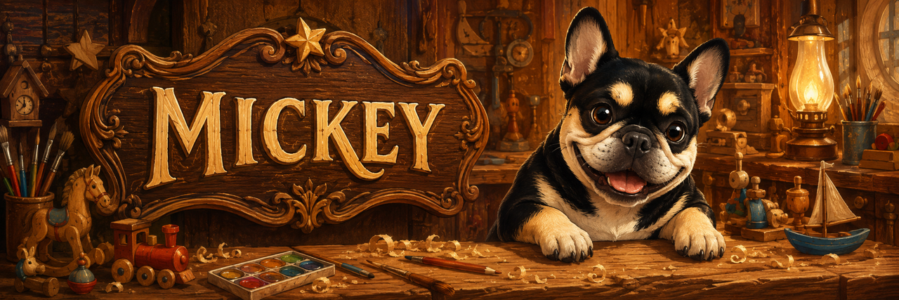 Mickey in an illustrated woodworker's workshop beside a carved wooden sign bearing his name